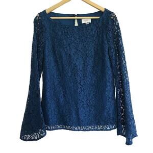LAUNDRY Shelli Segal navy blue long bell sleeve boho lace cotton blouse top